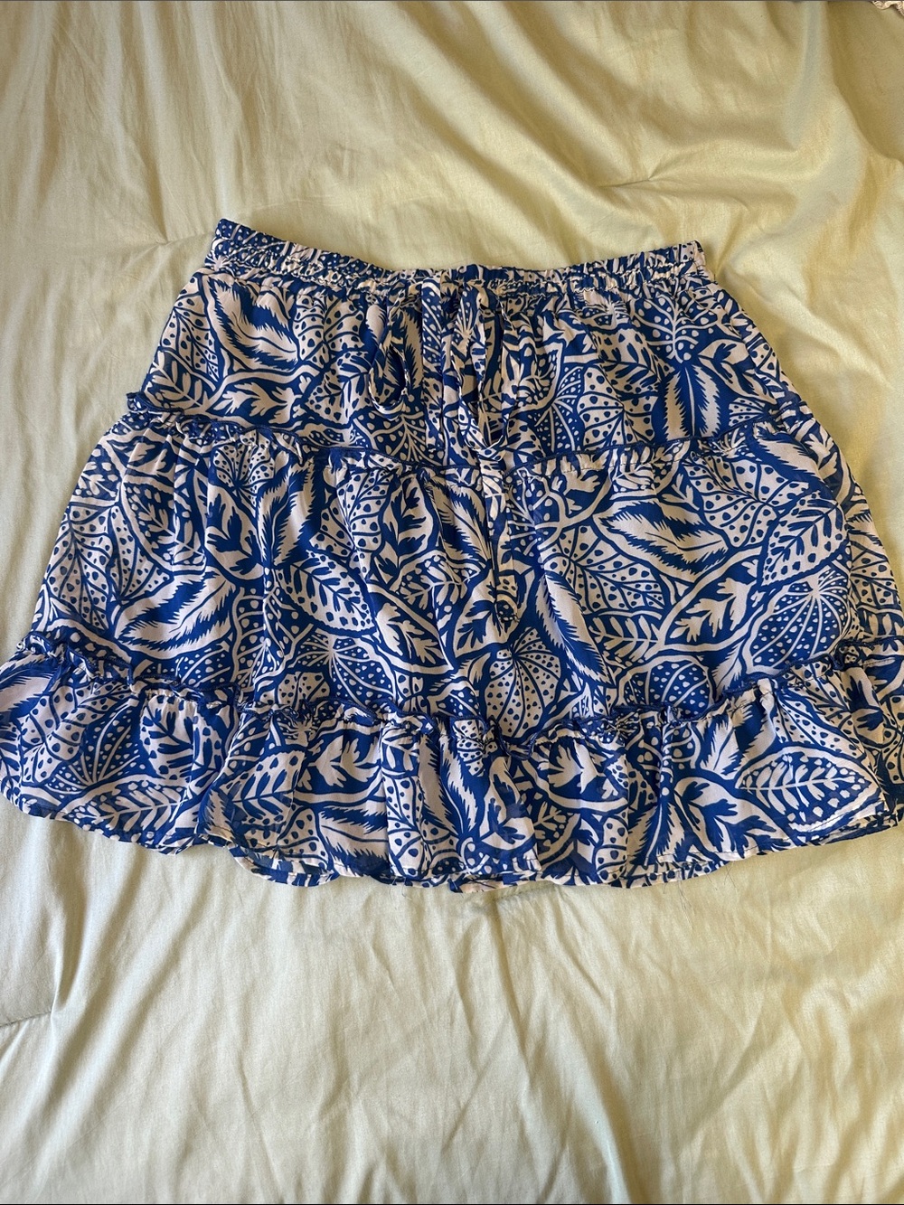 Sienna Sky Blue & White Floral Tiered Mini Skirt